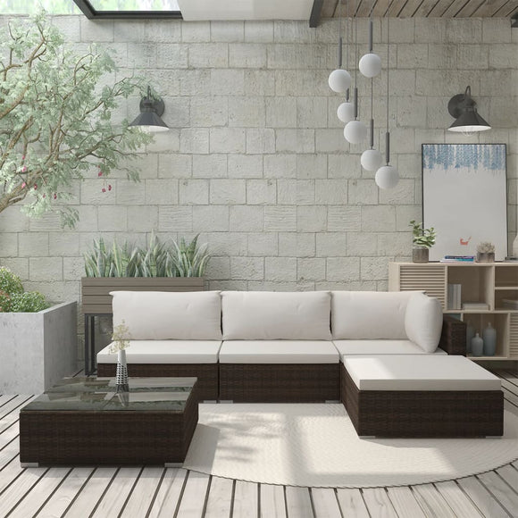 NNEVL 5 Piece Garden Lounge Set with Cushions Poly Rattan Brown