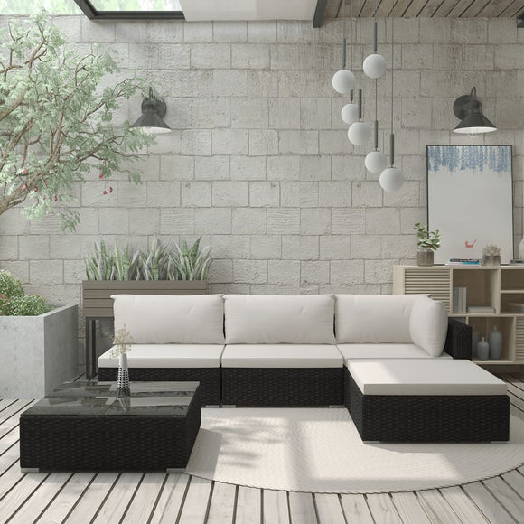 NNEVL 5 Piece Garden Lounge Set with Cushions Poly Rattan Black