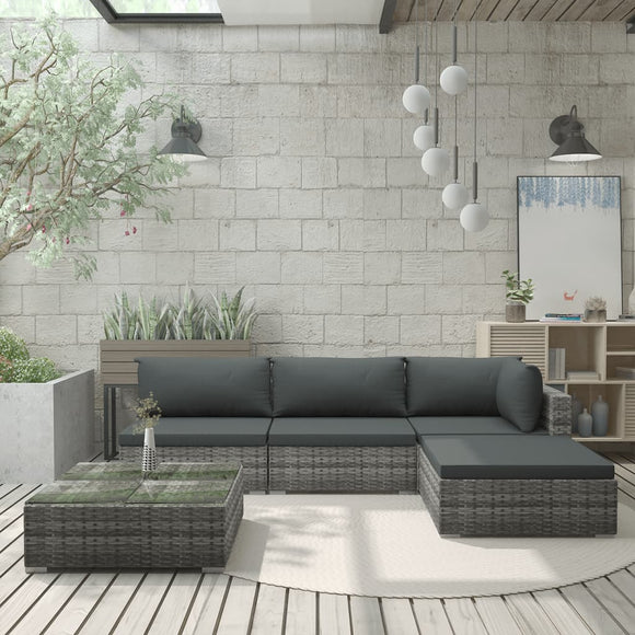 NNEVL 5 Piece Garden Lounge Set with Cushions Poly Rattan Grey