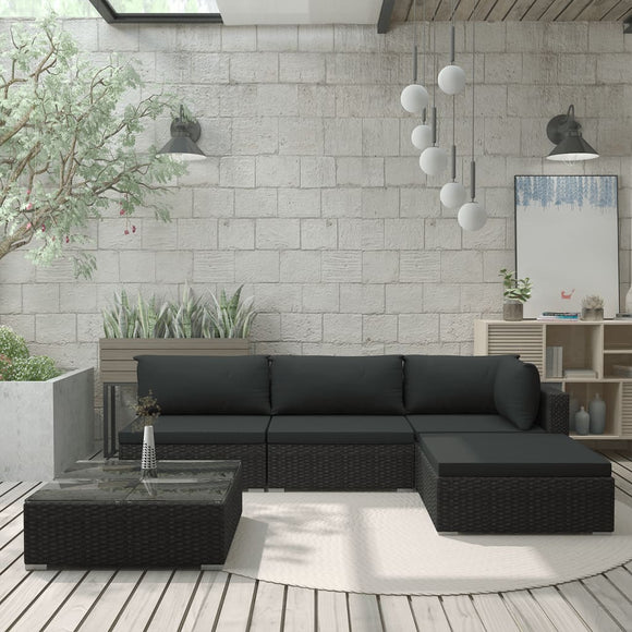 NNEVL 5 Piece Garden Lounge Set with Cushions Poly Rattan Black