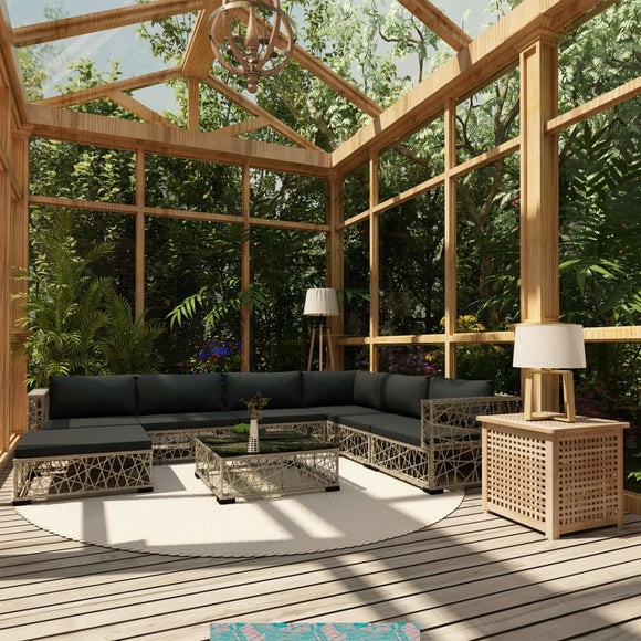 NNEVL 8 Piece Garden Lounge Set with Cushions Poly Rattan Grey