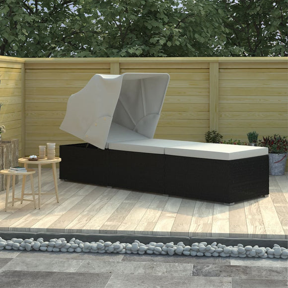 NNEVL Sun Lounger with Canopy and Cushion Poly Rattan Cream White