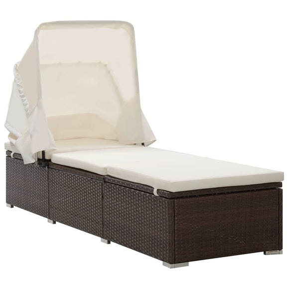 NNEVL Sun Lounger with Canopy and Cushion Poly Rattan Brown