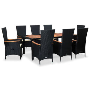 NNEVL 9 Piece Outdoor Dining Set with Cushions Poly Rattan Black