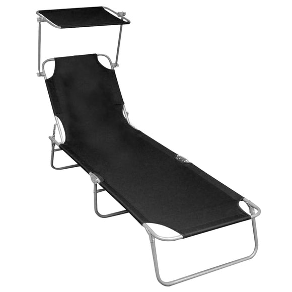 NNEVL Folding Sun Lounger with Canopy Black Aluminium