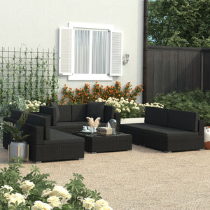 NNEVL 7 Piece Garden Lounge Set Black with Cushions Poly Rattan