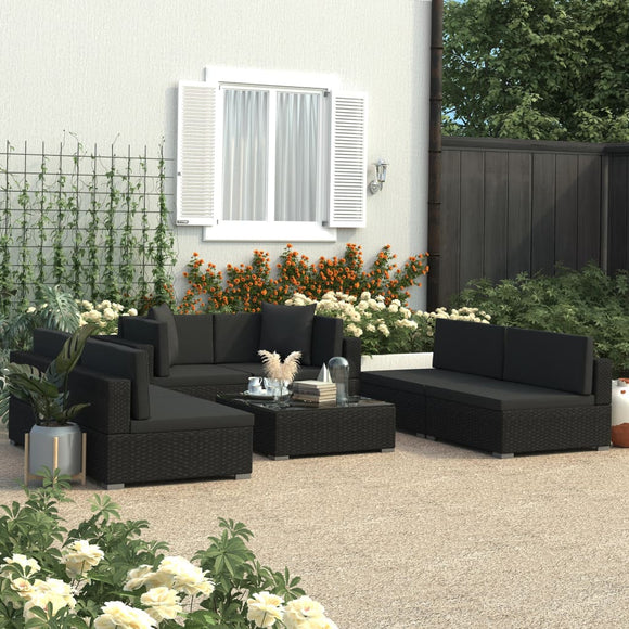 NNEVL 7 Piece Garden Lounge Set Black with Cushions Poly Rattan