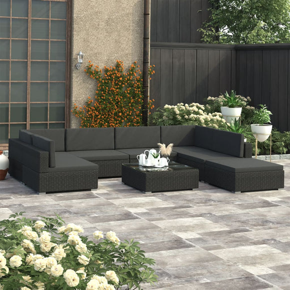 NNEVL 8 Piece Garden Lounge Set with Cushions Poly Rattan Black