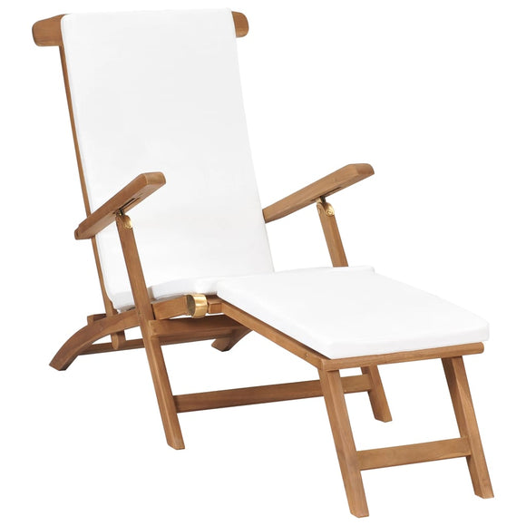 NNEVL Deck Chair with Cushion Cream White Solid Teak Wood