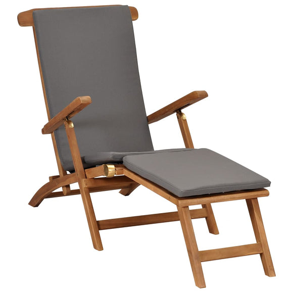 NNEVL Deck Chair with Cushion Dark Grey Solid Teak Wood