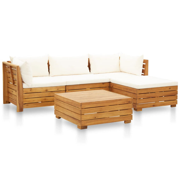 NNEVL 5 Piece Garden Lounge Set with Cushions Acacia Wood Cream White