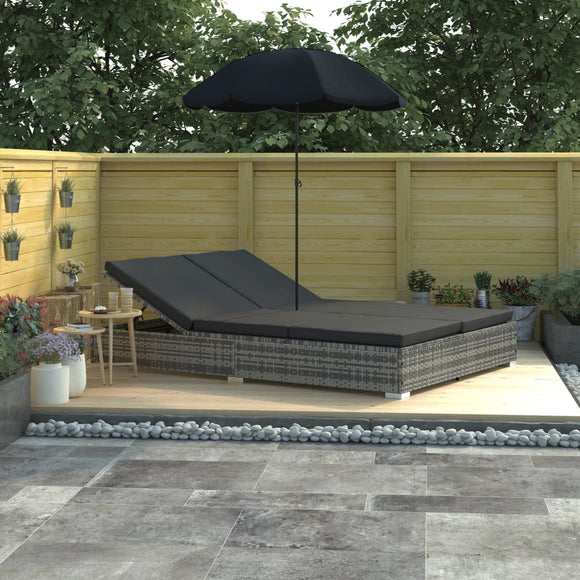 NNEVL Outdoor Lounge Bed with Umbrella Poly Rattan Grey