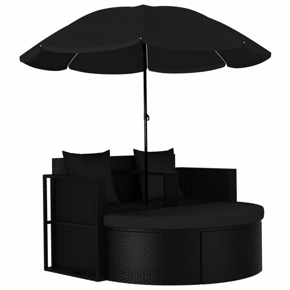 NNEVL Garden Bed with Parasol Poly Rattan Black
