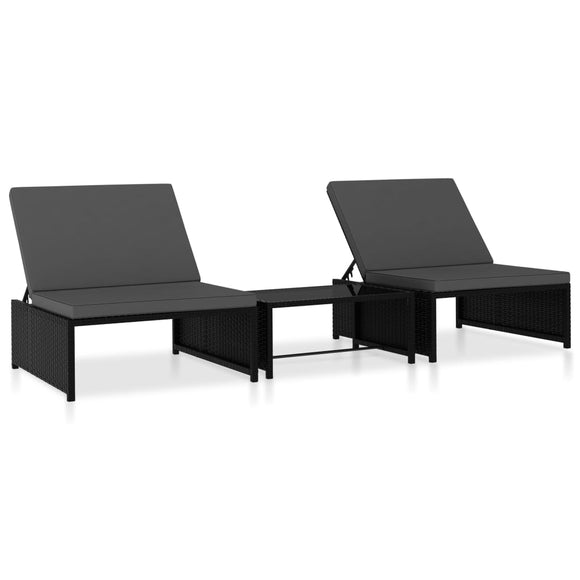 NNEVL Sun Loungers 2 pcs with Table Poly Rattan Black