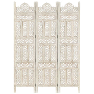 NNEVL Hand carved 3-Panel Room Divider White 120x165 cm Solid Mango Wood