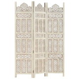 NNEVL Hand carved 3-Panel Room Divider White 120x165 cm Solid Mango Wood