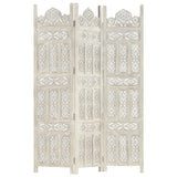 NNEVL Hand carved 3-Panel Room Divider White 120x165 cm Solid Mango Wood