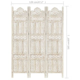 NNEVL Hand carved 3-Panel Room Divider White 120x165 cm Solid Mango Wood