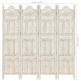 NNEVL Hand carved 4-Panel Room Divider White 160x165 cm Solid Mango Wood