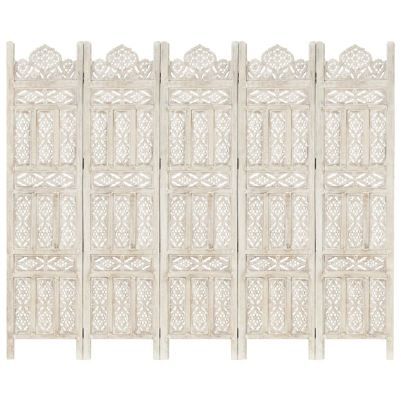 NNEVL Hand carved 5-Panel Room Divider White 200x165 cm Solid Mango Wood