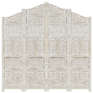 NNEVL Hand carved 4-Panel Room Divider White 160x165 cm Solid Mango Wood