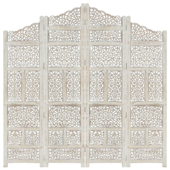 NNEVL Hand carved 4-Panel Room Divider White 160x165 cm Solid Mango Wood