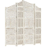 NNEVL Hand carved 4-Panel Room Divider White 160x165 cm Solid Mango Wood