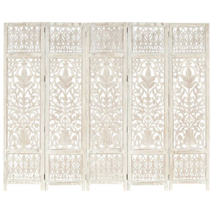 NNEVL Hand carved 5-Panel Room Divider White 200x165 cm Solid Mango Wood