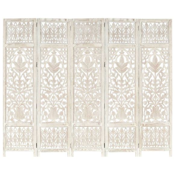 NNEVL Hand carved 5-Panel Room Divider White 200x165 cm Solid Mango Wood