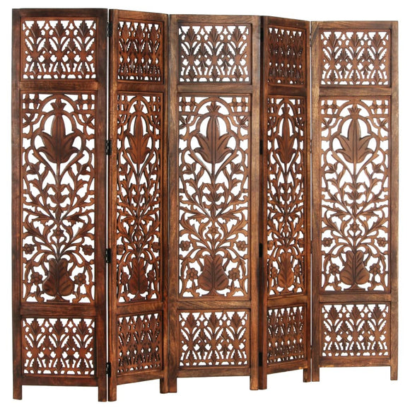 NNEVL Hand Carved 5-Panel Room Divider Brown 200x165 cm Solid Mango Wood