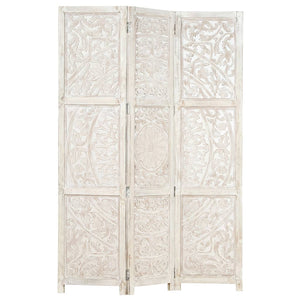 NNEVL Hand carved 3-Panel Room Divider White 120x165 cm Solid Mango Wood