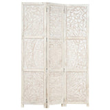NNEVL Hand carved 3-Panel Room Divider White 120x165 cm Solid Mango Wood