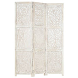 NNEVL Hand carved 3-Panel Room Divider White 120x165 cm Solid Mango Wood