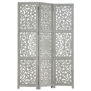 NNEVL Hand carved 3-Panel Room Divider Grey 120x165 cm Solid Mango Wood