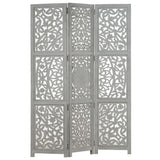 NNEVL Hand carved 3-Panel Room Divider Grey 120x165 cm Solid Mango Wood