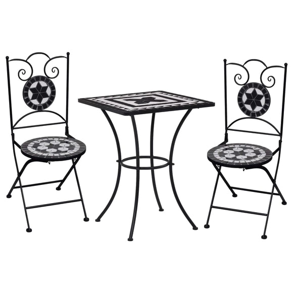 NNEVL 3 Piece Mosaic Bistro Set Ceramic Tile Black and White