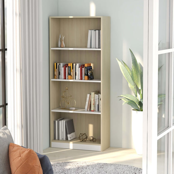 NNEVL 4-Tier Book Cabinet White and Sonoma Oak 60x24x142 cm Chipboard
