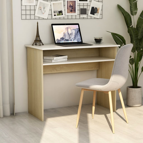 NNEVL Desk White and Sonoma Oak 90x50x74 cm Chipboard