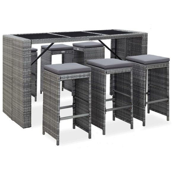 NNEVL 7 Piece Garden Bar Set with Cushions Poly Rattan Grey
