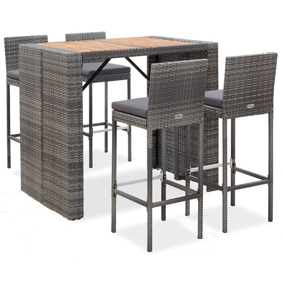 NNEVL 5 Piece Outdoor Bar Set Poly Rattan and Acacia Wood Grey