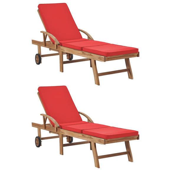 NNEVL Sun Loungers with Cushions 2 pcs Solid Teak Wood Red