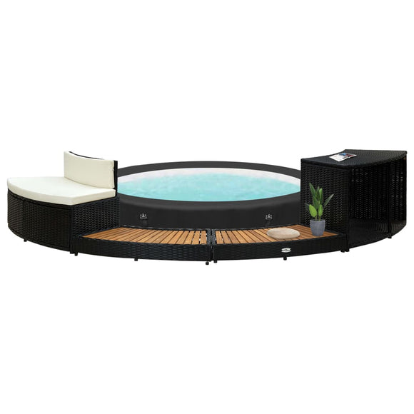 NNEVL Spa Surround Black Poly Rattan and Acacia Wood