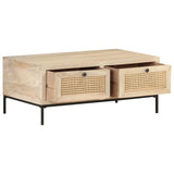 NNEVL Coffee Table 90x50x37 cm Solid Mango Wood and Natural Cane