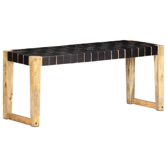 NNEVL Bench 110 cm Black Real Leather and Solid Mango Wood