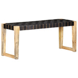 NNEVL Bench 110 cm Black Real Leather and Solid Mango Wood