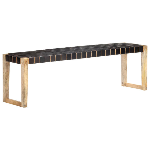 NNEVL Bench 150 cm Black Real Leather and Solid Mango Wood