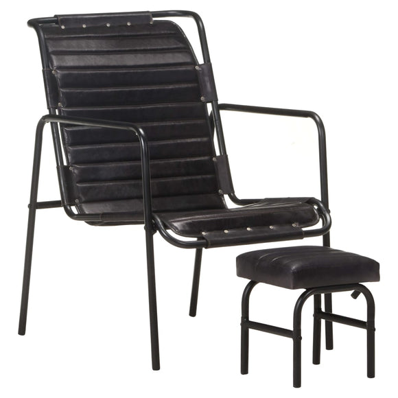 NNEVL Relaxing Armchair with a Footrest Black Real Leather
