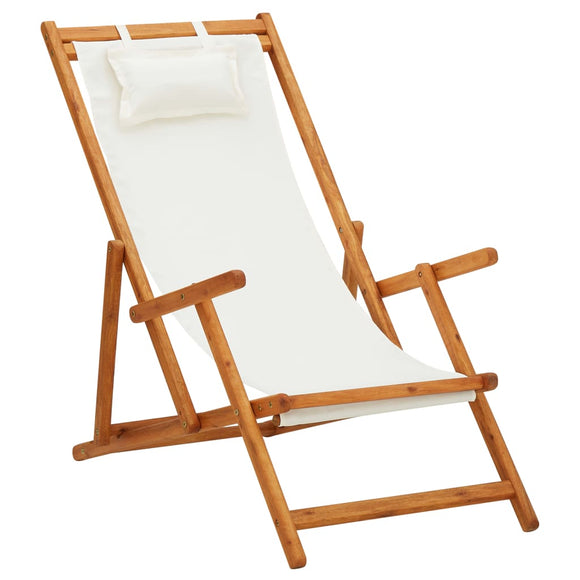 NNEVL Folding Beach Chair Solid Eucalyptus Wood and Fabric Cream