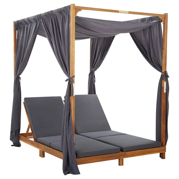 NNEVL Double Sun Lounger with Curtains & Cushions Solid Acacia Wood