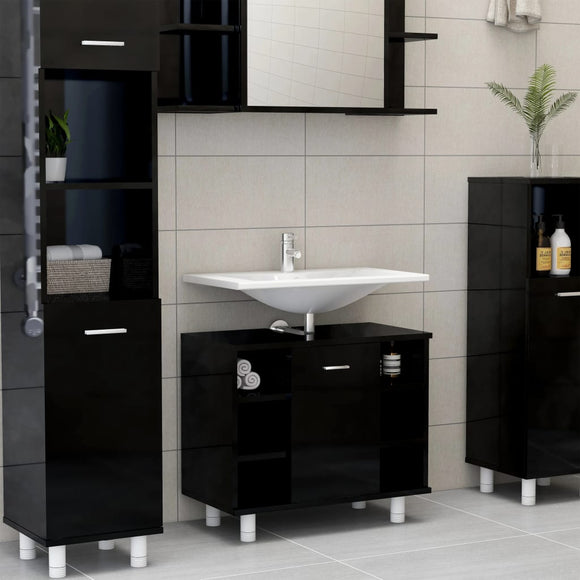 NNEVL Bathroom Cabinet High Gloss Black 60x32x53.5 cm Chipboard